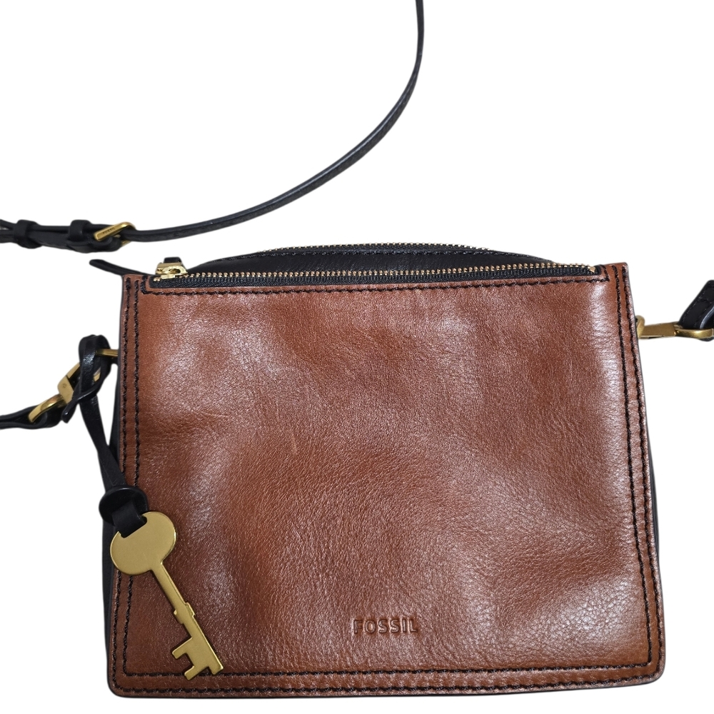 Fossil Campbell Brown Leather Triple Zip Crossbody Messenger Bag